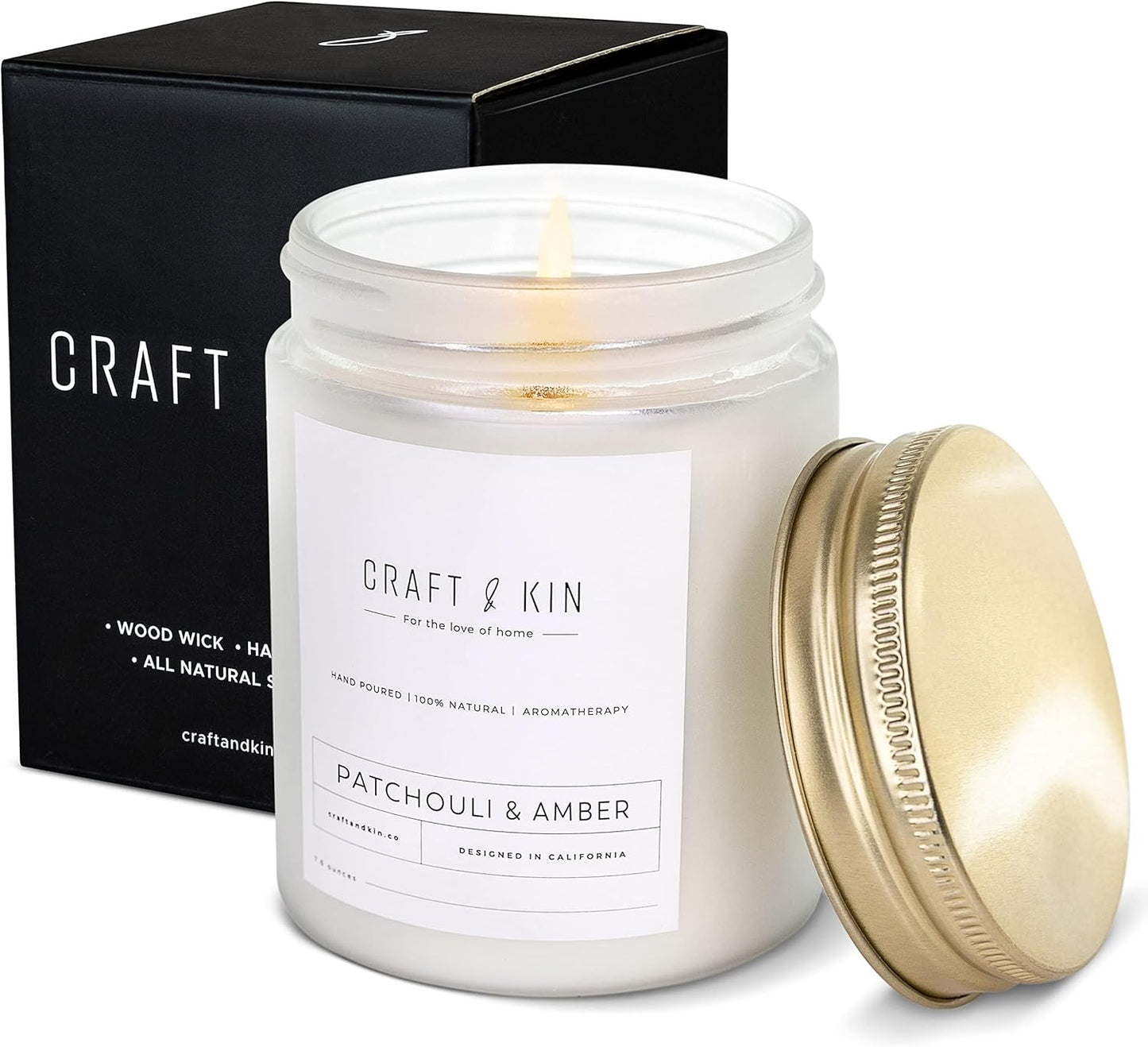 Patchouli & Amber Fall Scented Candle | 8 Oz, 45-Hour Long Lasting | Classic Soy Candle with Wood Wick | Made with Natural Soy | Fall Gifts for Men and Women