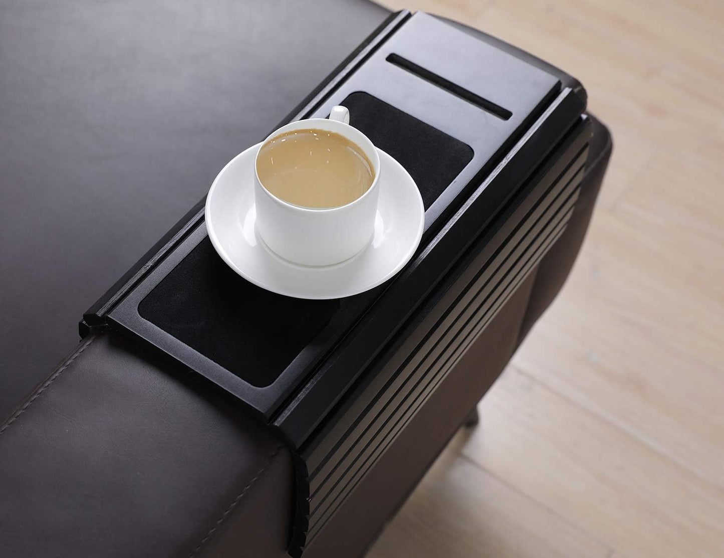 Sofa Arm Tray Table for Couch Flexible/Foldable Sofa Tray Couch Arm Table Perfect for Drinks Snacks Remote Control or Phone Great Arm Tray for Couch Armrest (Black with Phone Slots)