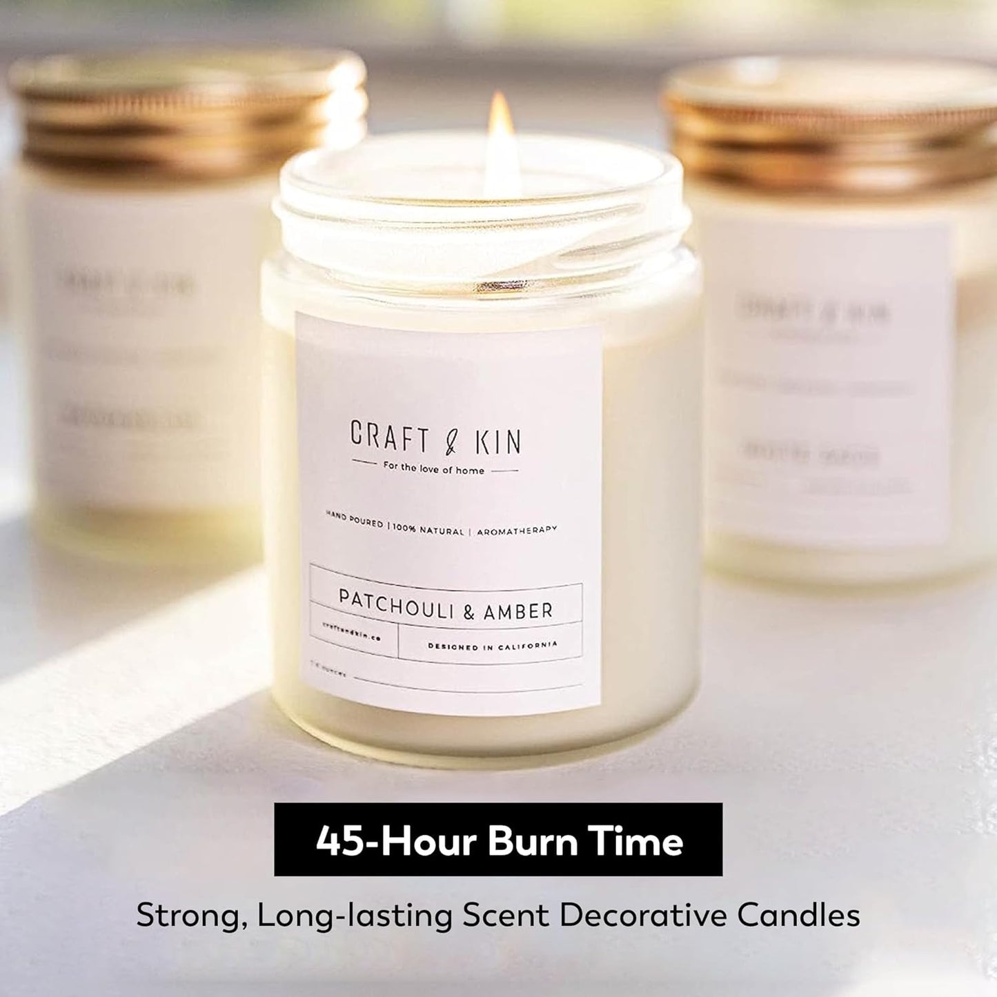 Patchouli & Amber Fall Scented Candle | 8 Oz, 45-Hour Long Lasting | Classic Soy Candle with Wood Wick | Made with Natural Soy | Fall Gifts for Men and Women