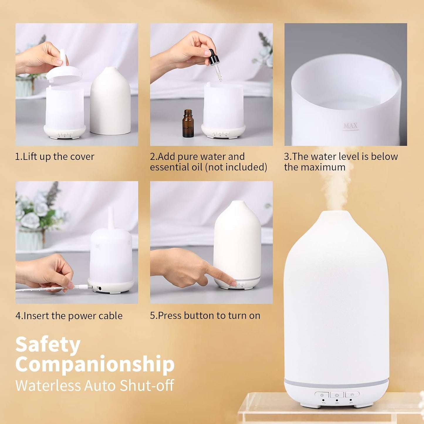 Essential Oil Diffuser Ceramic Craft Diffuser Aromatherapy Diffuser Mist Humidifiers with Waterless Auto Shut-Off for Home Office SPA Yoga Ssk005-White