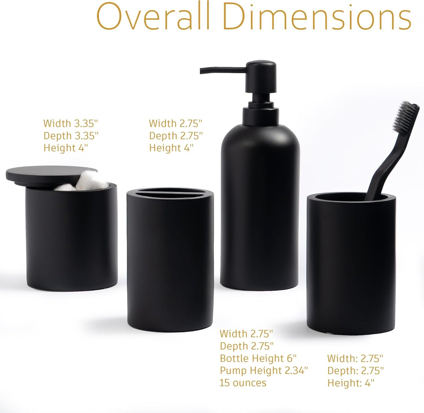 Black Bathroom Accessories Set – 4-Piece Matte Resin Vanity Organizer with Toothbrush Holder, Soap Dispenser, Tumbler & Cotton Swab Jar, Modern Countertop Decor for Guest Bathrooms