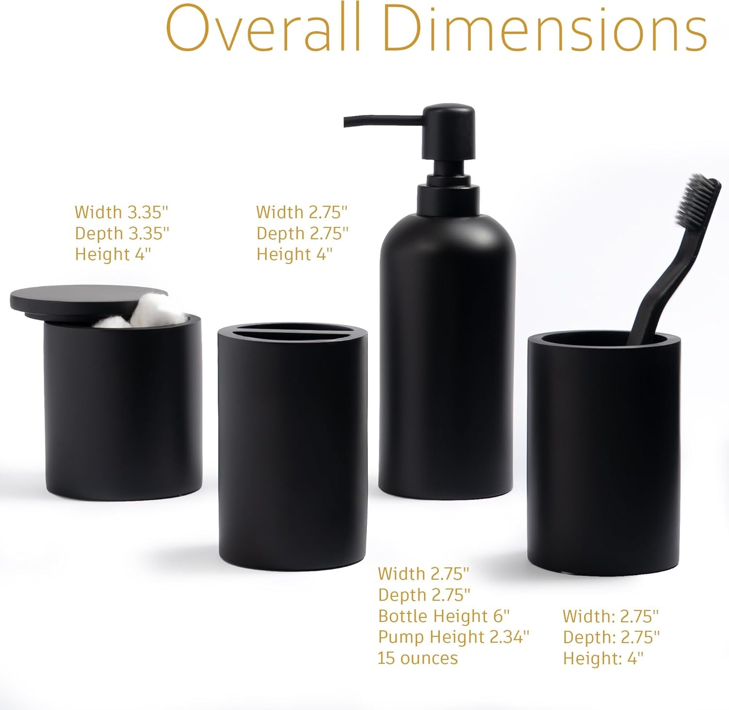 Black Bathroom Accessories Set – 4-Piece Matte Resin Vanity Organizer with Toothbrush Holder, Soap Dispenser, Tumbler & Cotton Swab Jar, Modern Countertop Decor for Guest Bathrooms