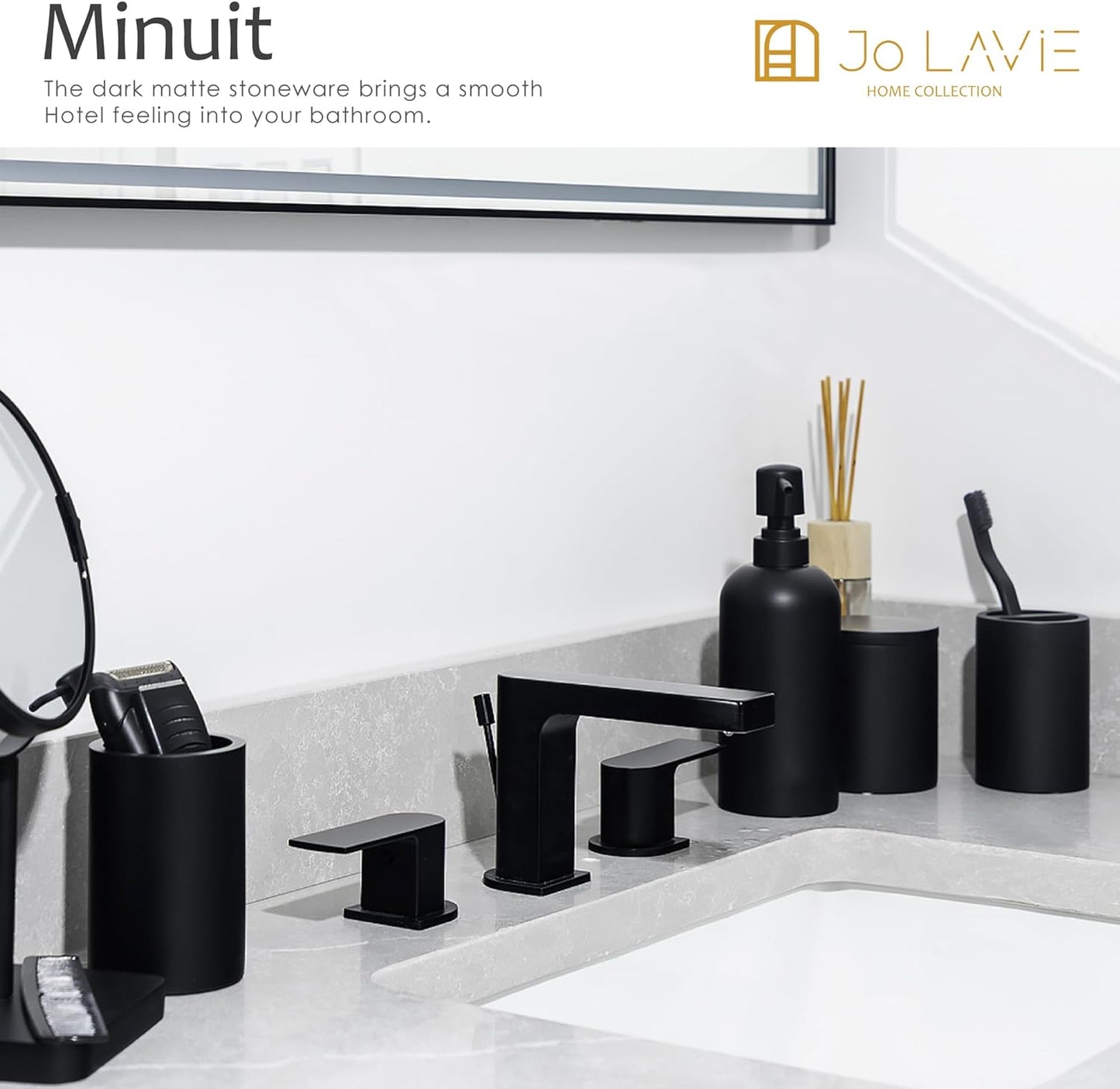 Black Bathroom Accessories Set – 4-Piece Matte Resin Vanity Organizer with Toothbrush Holder, Soap Dispenser, Tumbler & Cotton Swab Jar, Modern Countertop Decor for Guest Bathrooms