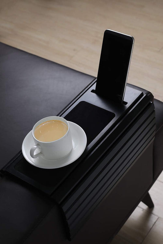 Sofa Arm Tray Table for Couch Flexible/Foldable Sofa Tray Couch Arm Table Perfect for Drinks Snacks Remote Control or Phone Great Arm Tray for Couch Armrest (Black with Phone Slots)