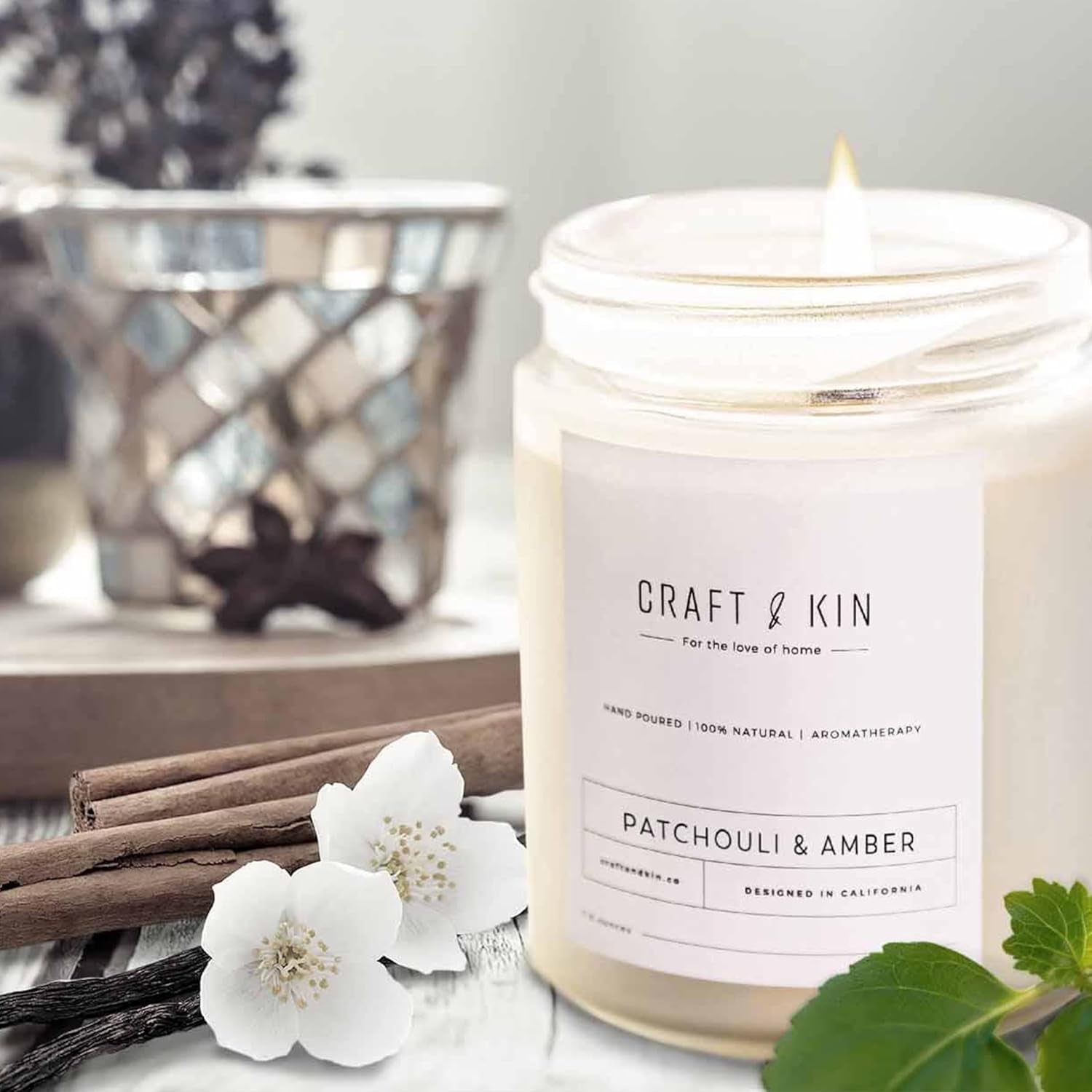 Patchouli & Amber Fall Scented Candle | 8 Oz, 45-Hour Long Lasting | Classic Soy Candle with Wood Wick | Made with Natural Soy | Fall Gifts for Men and Women