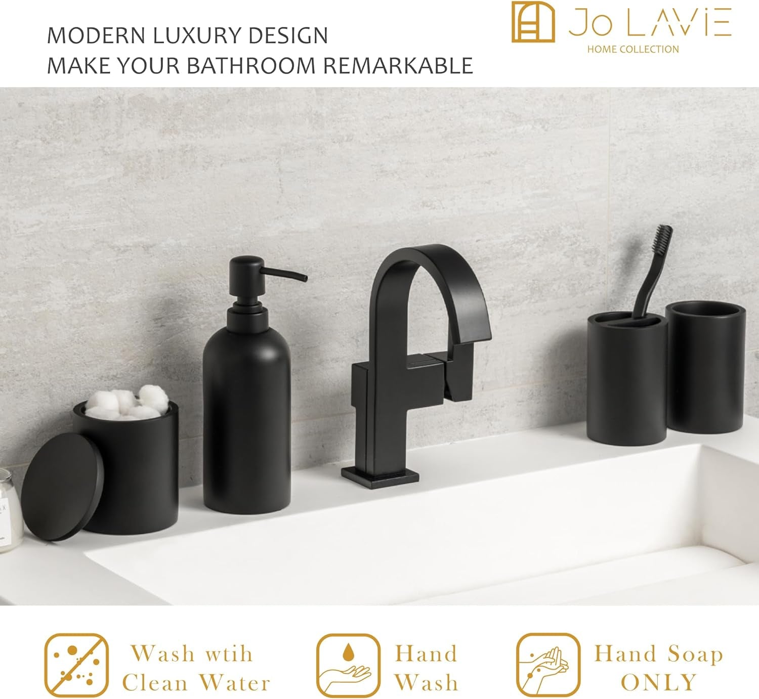 Black Bathroom Accessories Set – 4-Piece Matte Resin Vanity Organizer with Toothbrush Holder, Soap Dispenser, Tumbler & Cotton Swab Jar, Modern Countertop Decor for Guest Bathrooms