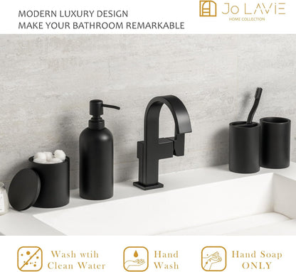 Black Bathroom Accessories Set – 4-Piece Matte Resin Vanity Organizer with Toothbrush Holder, Soap Dispenser, Tumbler & Cotton Swab Jar, Modern Countertop Decor for Guest Bathrooms