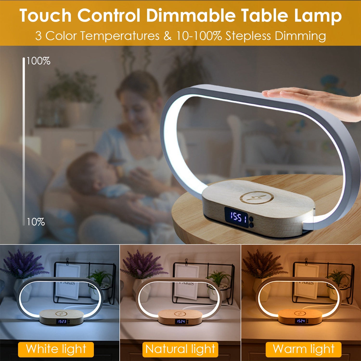 1 Set Bedside Table Lamp Touch Control Lamp with Clock Wireless Charging LED Desk Lamp Dimmable Nightstand Reading Lamp