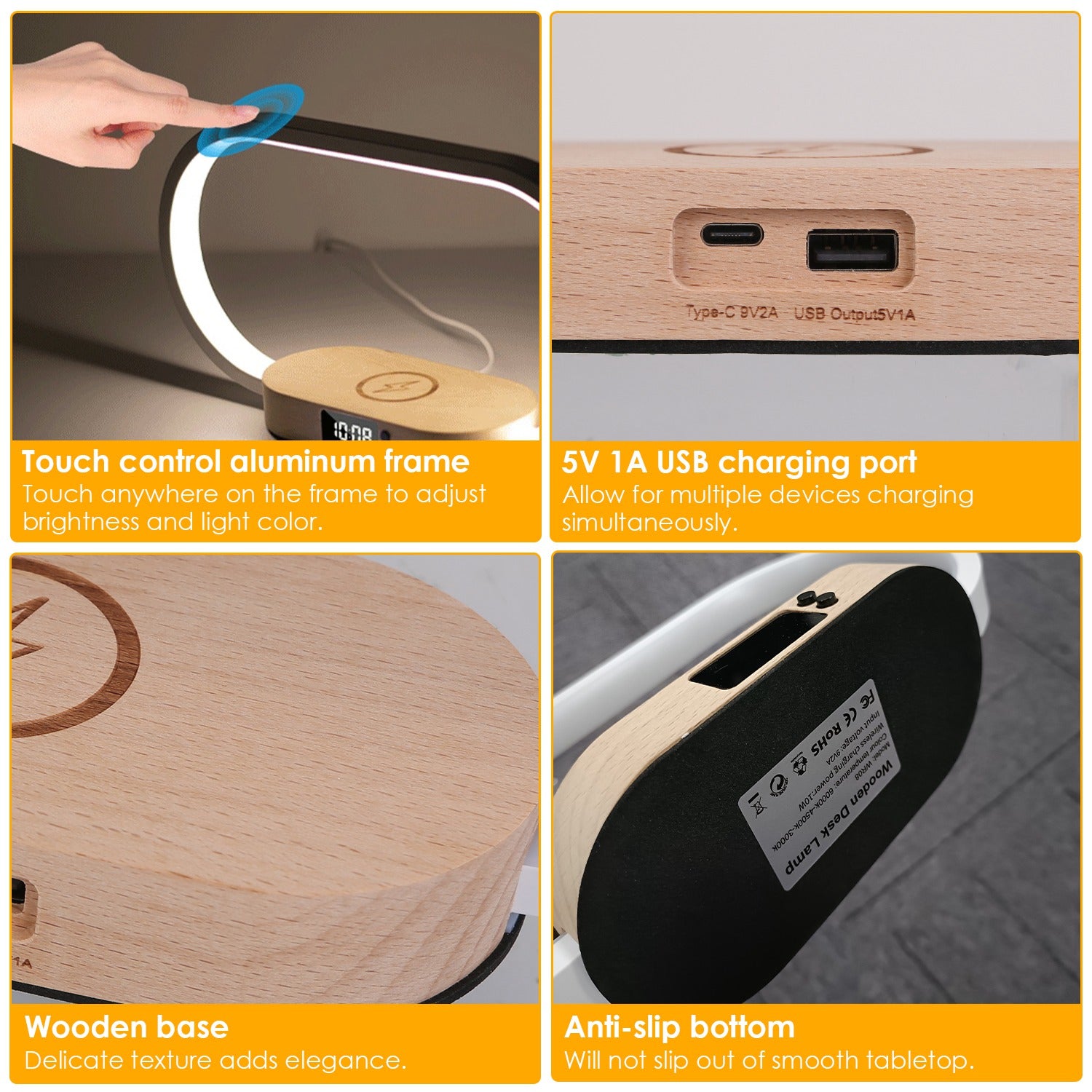 1 Set Bedside Table Lamp Touch Control Lamp with Clock Wireless Charging LED Desk Lamp Dimmable Nightstand Reading Lamp
