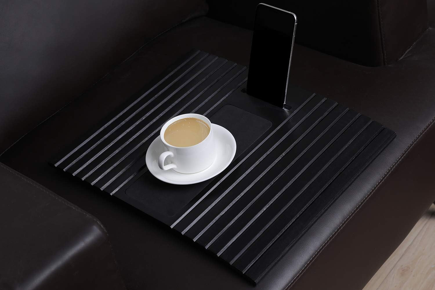 Sofa Arm Tray Table for Couch Flexible/Foldable Sofa Tray Couch Arm Table Perfect for Drinks Snacks Remote Control or Phone Great Arm Tray for Couch Armrest (Black with Phone Slots)