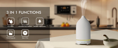 Ceramic Essential Oil Diffuser – 150ml Ultrasonic Aroma Humidifier with Auto Shut-Off