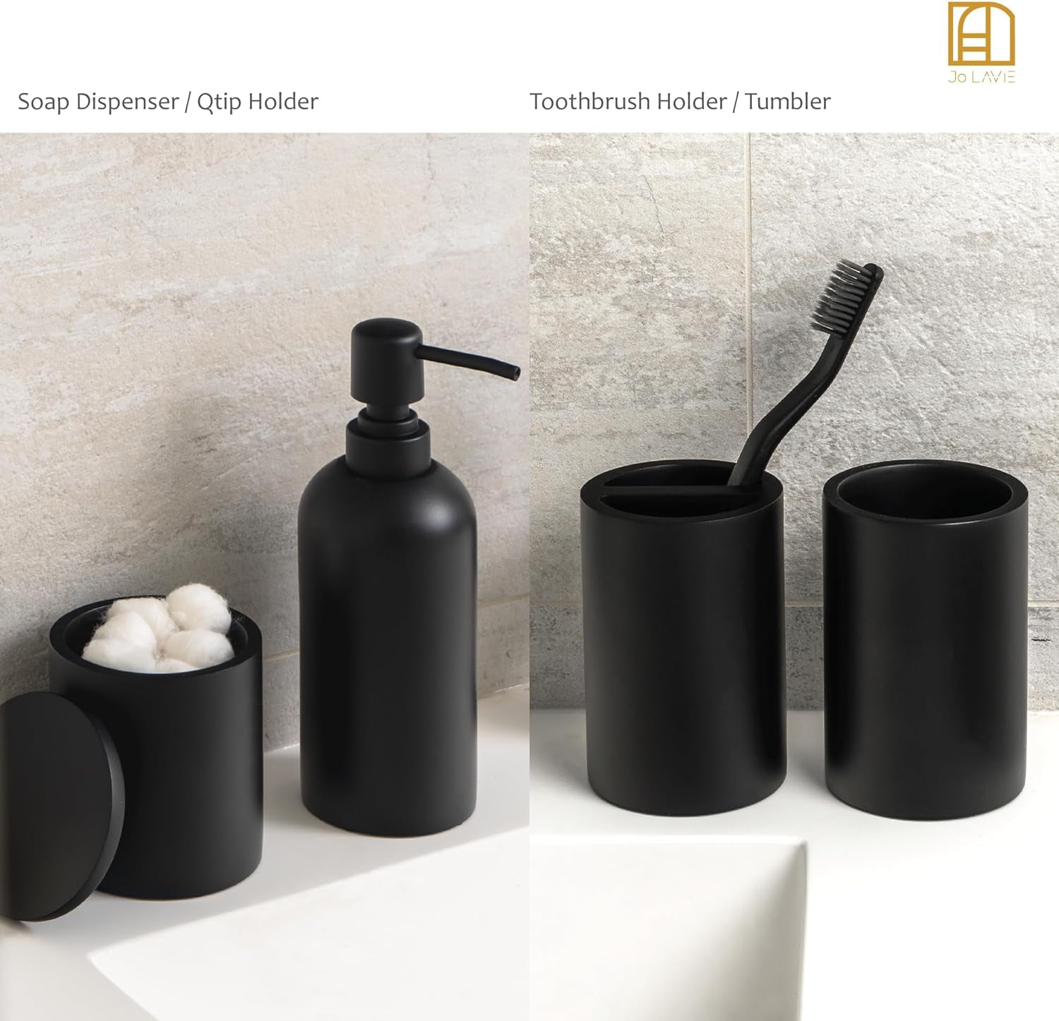 Black Bathroom Accessories Set – 4-Piece Matte Resin Vanity Organizer with Toothbrush Holder, Soap Dispenser, Tumbler & Cotton Swab Jar, Modern Countertop Decor for Guest Bathrooms