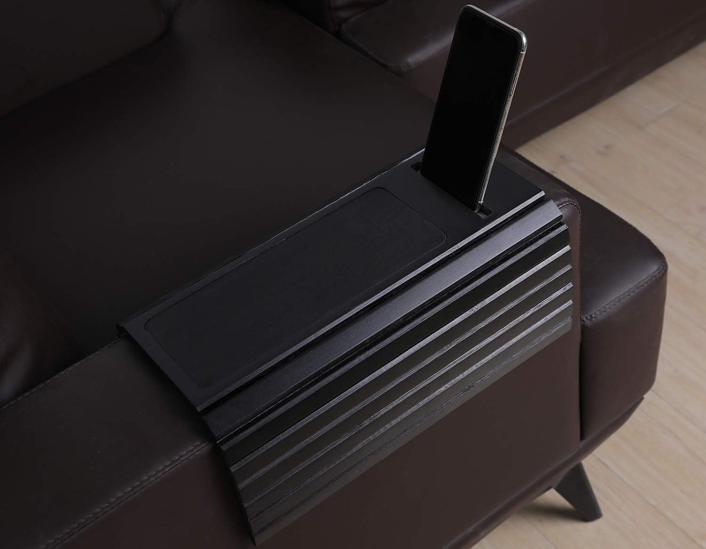 Sofa Arm Tray Table for Couch Flexible/Foldable Sofa Tray Couch Arm Table Perfect for Drinks Snacks Remote Control or Phone Great Arm Tray for Couch Armrest (Black with Phone Slots)
