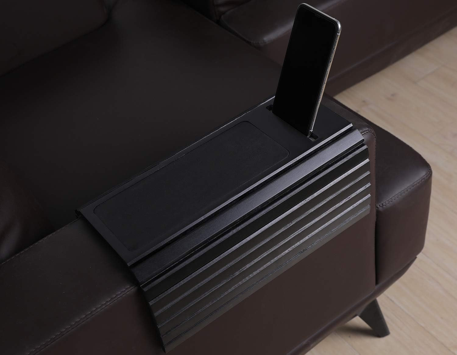 Sofa Arm Tray Table for Couch Flexible/Foldable Sofa Tray Couch Arm Table Perfect for Drinks Snacks Remote Control or Phone Great Arm Tray for Couch Armrest (Black with Phone Slots)