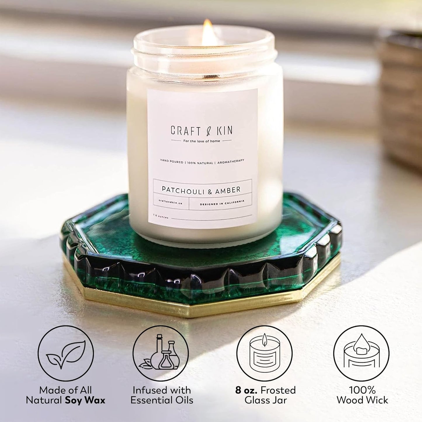 Patchouli & Amber Fall Scented Candle | 8 Oz, 45-Hour Long Lasting | Classic Soy Candle with Wood Wick | Made with Natural Soy | Fall Gifts for Men and Women