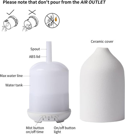 Essential Oil Diffuser Ceramic Craft Diffuser Aromatherapy Diffuser Mist Humidifiers with Waterless Auto Shut-Off for Home Office SPA Yoga Ssk005-White