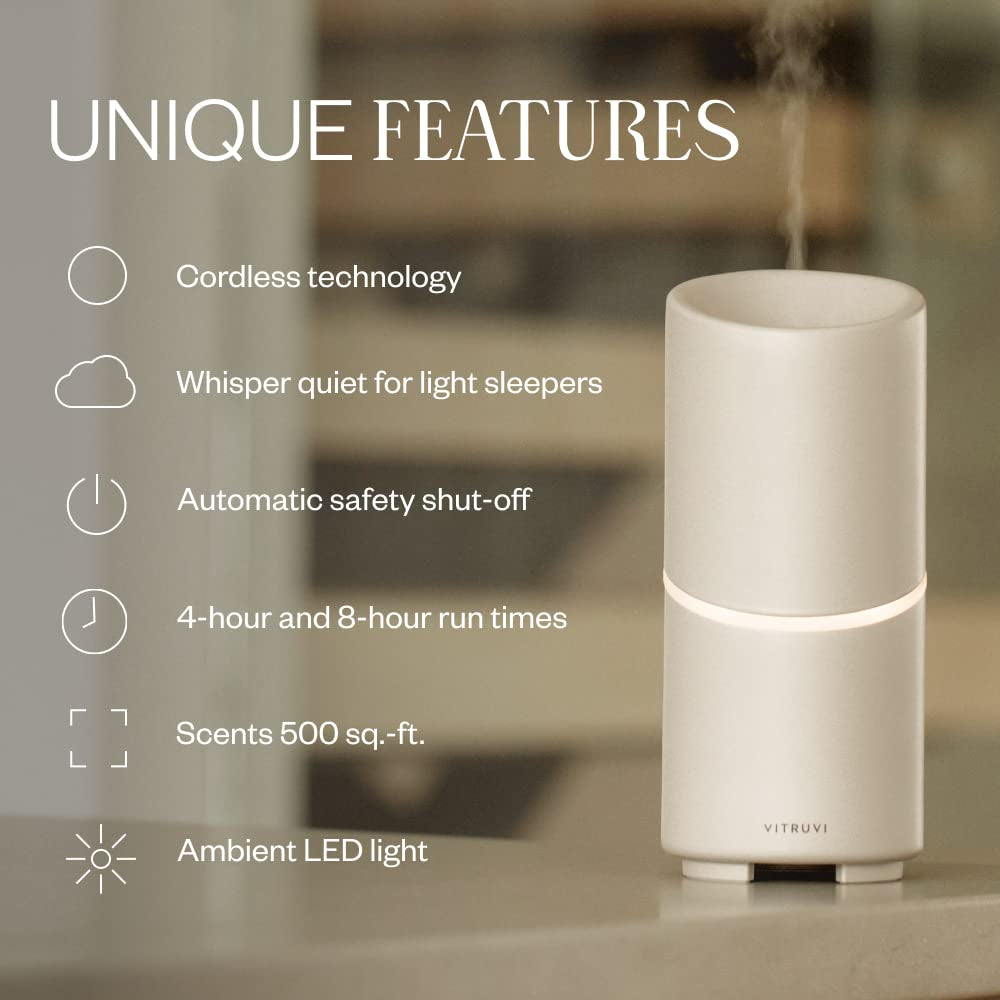 Move Cordless Ultrasonic Essential Oil Diffuser | Wireless Diffuser for Home Aromatherapy | 4 & 8-Hour Run Times - White