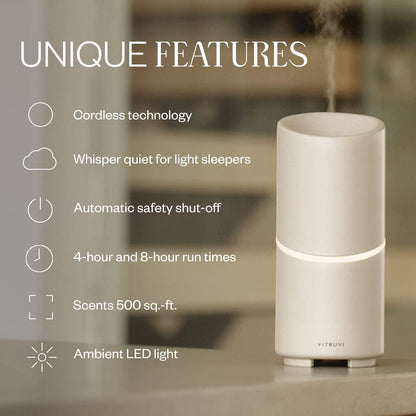 Move Cordless Ultrasonic Essential Oil Diffuser | Wireless Diffuser for Home Aromatherapy | 4 & 8-Hour Run Times - White
