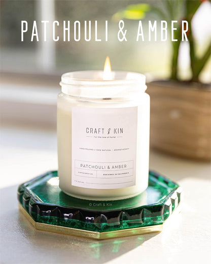 Patchouli & Amber Fall Scented Candle | 8 Oz, 45-Hour Long Lasting | Classic Soy Candle with Wood Wick | Made with Natural Soy | Fall Gifts for Men and Women