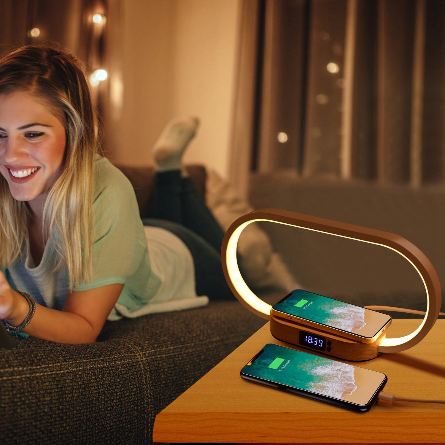 1 Set Bedside Table Lamp Touch Control Lamp with Clock Wireless Charging LED Desk Lamp Dimmable Nightstand Reading Lamp