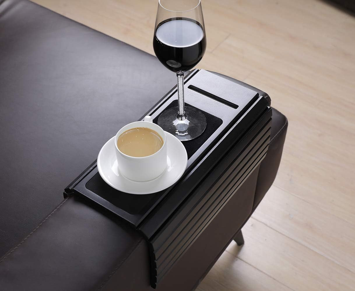 Sofa Arm Tray Table for Couch Flexible/Foldable Sofa Tray Couch Arm Table Perfect for Drinks Snacks Remote Control or Phone Great Arm Tray for Couch Armrest (Black with Phone Slots)