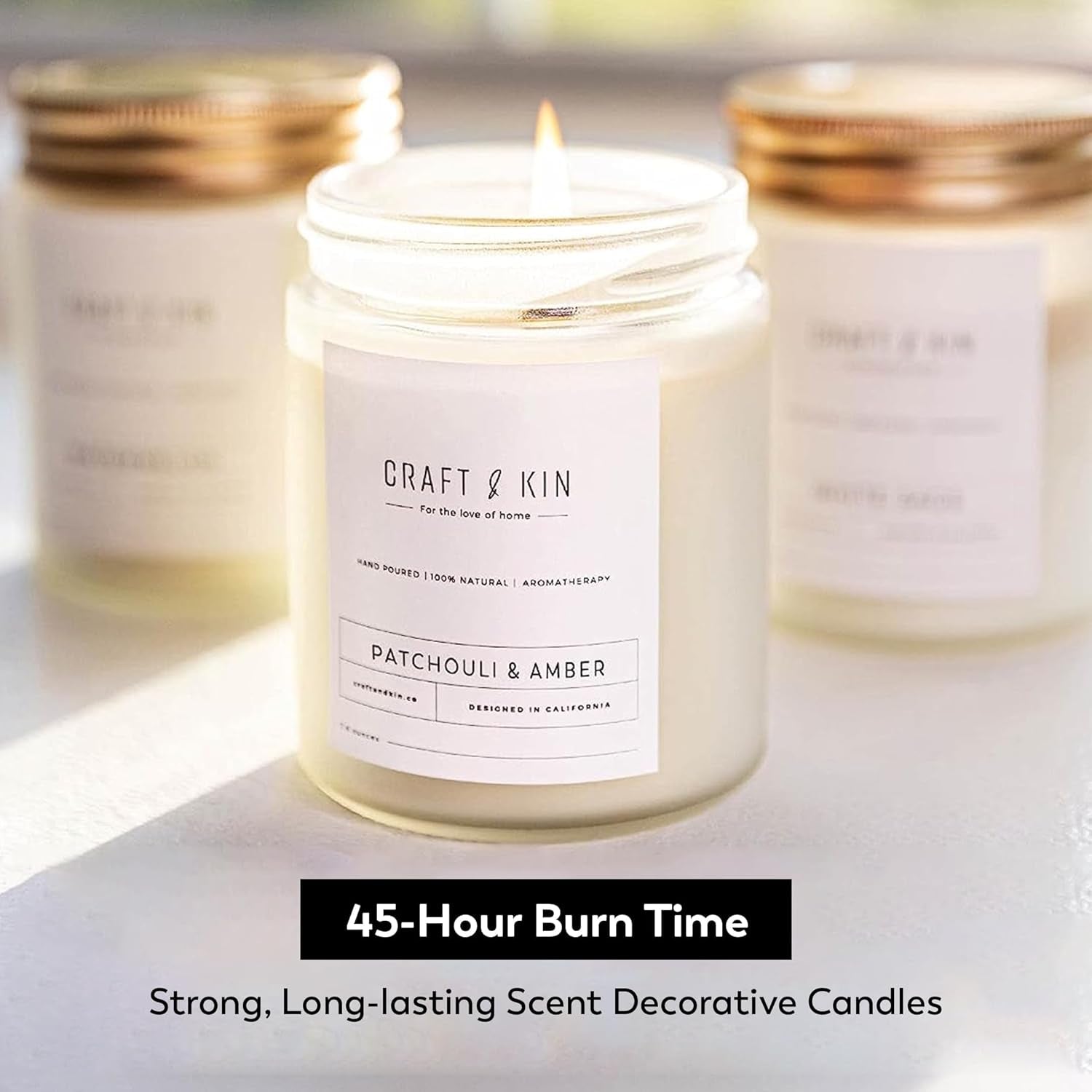 Patchouli & Amber Fall Scented Candle | 8 Oz, 45-Hour Long Lasting | Classic Soy Candle with Wood Wick | Made with Natural Soy | Fall Gifts for Men and Women