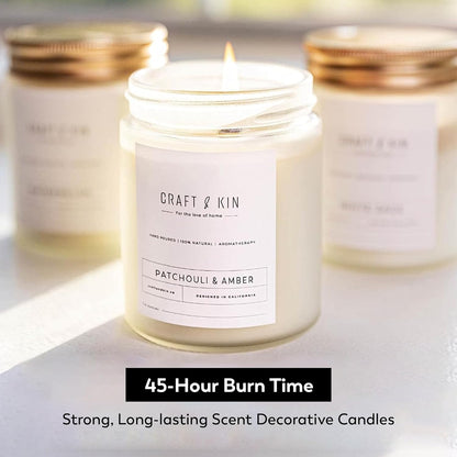 Patchouli & Amber Fall Scented Candle | 8 Oz, 45-Hour Long Lasting | Classic Soy Candle with Wood Wick | Made with Natural Soy | Fall Gifts for Men and Women