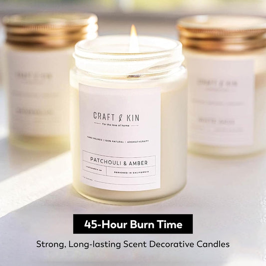 Patchouli & Amber Fall Scented Candle | 8 Oz, 45-Hour Long Lasting | Classic Soy Candle with Wood Wick | Made with Natural Soy | Fall Gifts for Men and Women